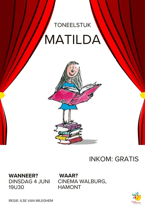 De enthousiaste theatergroep 3.2 in Hamont speelt de theaterversie van Matilda in Cinema Walburg in Hamont.